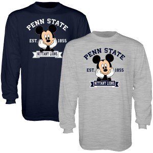navy and heather gray long sleeve t-shirts with Mickey Mouse, Penn State Nittany Lions and Est. 1855